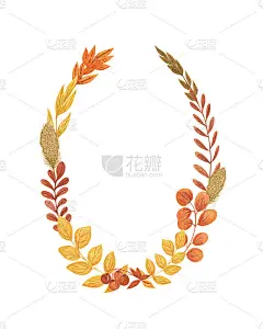 秋叶椭圆形框架简单的手绘水彩画插图，节日绿色植物花环，节日庆典装饰邀请，婚礼或贺卡