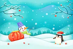 卡通插画温暖冬季中式可爱雪景手绘背景素材