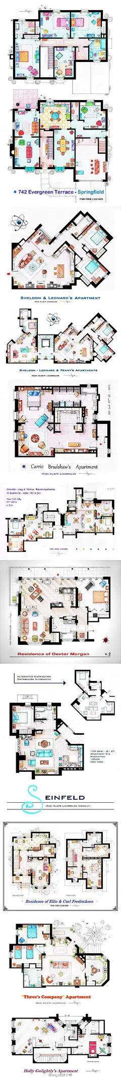 美剧平面图-西班牙建筑师Iñaki Aliste Lizarralde绝对是一个美剧狂，来看看他为各经典影视作品绘制的建筑平面图吧，从上到下分别是：辛普森一家、生活大爆炸、欲望都市、老友记、嗜血法医、宋飞正传、飞屋环游记、三人行、蒂凡尼的早餐……