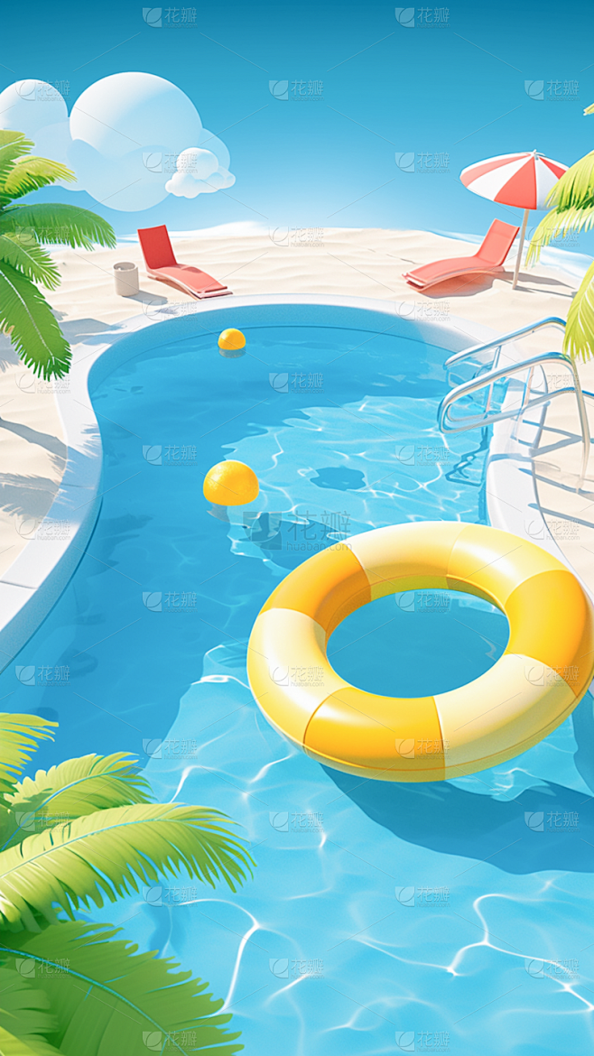 通用3D立体夏季夏日泳池场景背景素材