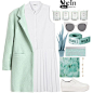 A fashion look from September 2015 featuring retro white dress, green wool coat and white flat shoes. Browse and shop related looks.