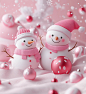 A pink Christmas scene, with a snowman and his wife in the middle of pink decorations against a white background, in a cute cartoon style. Snowflakes are falling from the sky, with a pastel color palette. The scene is beautiful, happy, and cute, with pink
