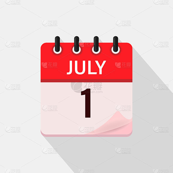 7月1日，日历图标与阴影。日、月。平面向量插图。