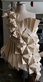 Origami fashion design with an asymmetric pleated structure & wrapped 3D prism shapes - creative draping; couture techniques; fabric manipulation