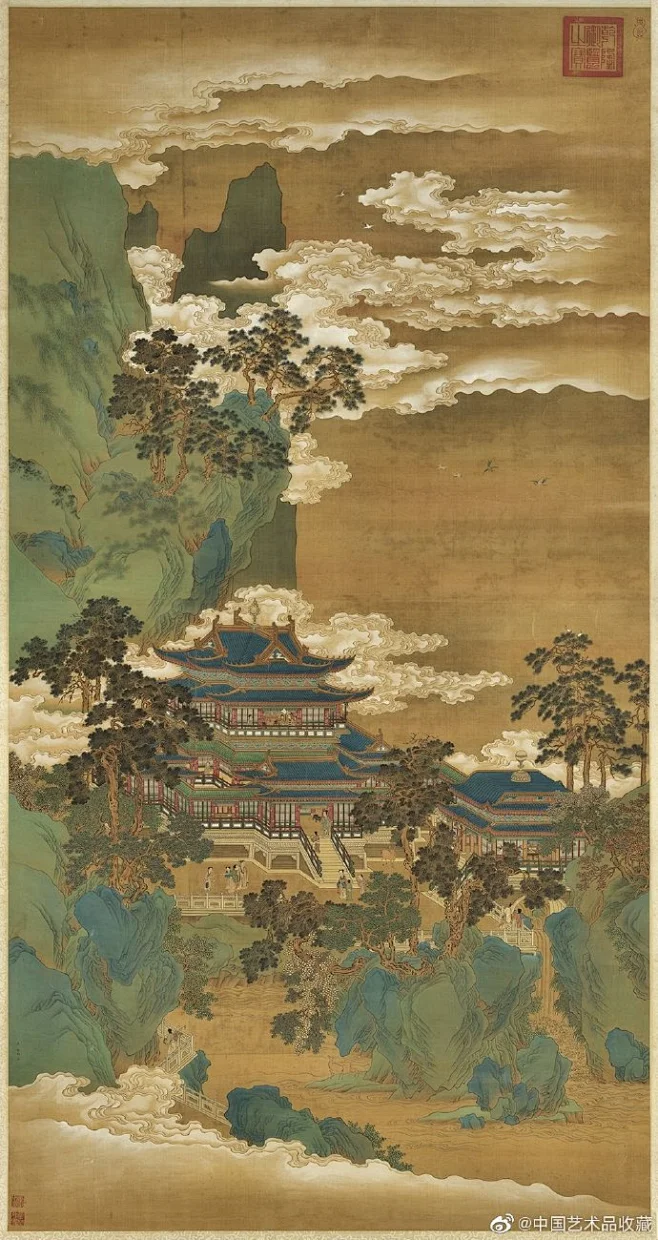 #青绿山水#【 南宋 赵伯驹（传）《仙山楼阁图》 】立轴，绢本设色，159.9×84.2cm，台北故宫博物院藏。 唐宋是青绿山水发展的全盛时期 ...