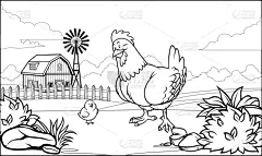 书页,黑白图片,鸡,农场,插画,可爱的,农业,复活节,摆拍,着色