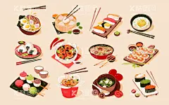 卡通日本料理  - 源文件下载【酷图网】日本料理,日本料理挂画,日本料理海报,拉面,日式拉面,素材,元素,展板,背景,海报,宣传,展架,宣传画,装饰画,宣传单,插画,中餐,面条,外送,卡通,手绘,日料,日式料理,海鲜面,包子,小笼包,卡通包子,寿司,饭团,三色团子,团子,外卖,豆腐汤,海带汤,味噌汤,虾仁,溏心蛋,鸡蛋,筷子