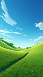 A huge rolling hill, blue sky and grass in the background, spring nature, natural scene, green color, centered composition, natural light, intricate details, 3D rendering, Pixar style, indoor lighting, medium shot, cartoon style, blender, cubism, c4d, oct