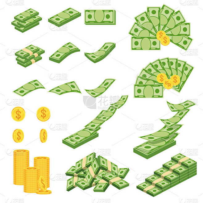设定各种各样的钱。平面矢量卡通金钱插图。