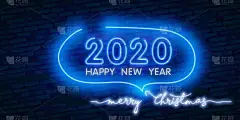 2020新年快乐霓虹灯文本。2020 年新年设计模板，用于季节性传单和贺卡或圣诞主题邀请.