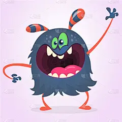 愤怒的卡通黑色怪物尖叫和挥舞的手。咆哮愤怒的怪物表情。万圣节的性格。矢量插图。