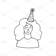 戴派对帽的年轻女子，生日时许个愿吧。矢量手绘图标。名片的模板。单色。极简主义。