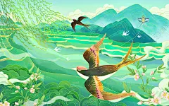 国潮风春天山水田园燕子插画
