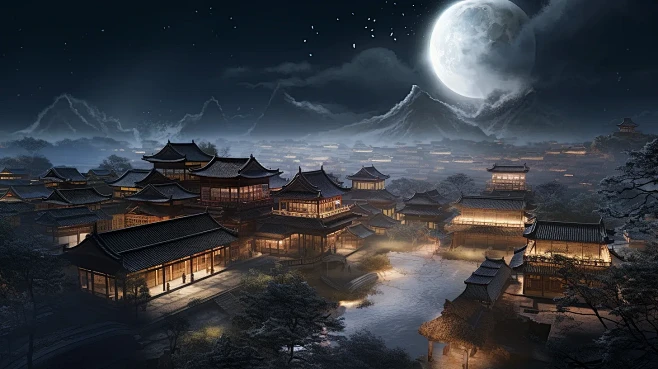 古代城市夜景大月亮