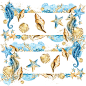 夏日蓝色手绘水彩画贝壳珊瑚海马海星卡片透明背景PNG免抠素材-淘宝网
