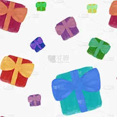 水彩彩色礼盒与金色蝴蝶结在白色的背景。圣诞节无缝模式。生日、周年纪念、节日、节日印刷、包装、壁纸设计