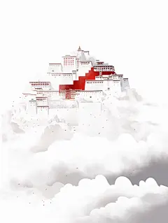 布达拉宫被白色浓雾包围，佛教禅宗平面插图海报