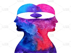 心灵精神抽象人头连接水彩画艺术插图设计手绘
