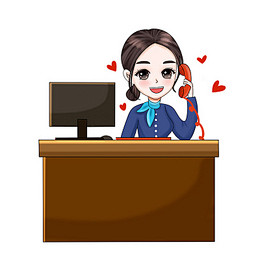 彩色卡通手绘女白领客服打电话素材原创插画...
