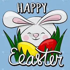 复活节贺卡上有一只小兔子，草地上有红色和黄色的蛋。矢量卡通手绘假日插图。