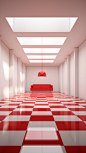 White and red room with red and white checkerboard tiles , architecture, studio light, natural, realistic photography, magazine cover