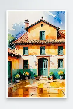 手绘油画老房子四合院儿童插画-众图网