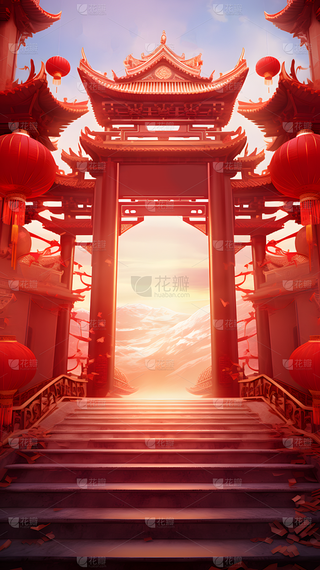 年货节促销中国风中式3D立体建筑开门红生...