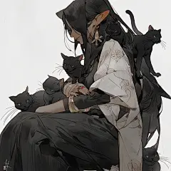 黑猫与中国古风女子，动漫画风，细致插画，工笔写意，模糊擦除，宁静面容，RTX特效，精致纹样，中国水墨画风，传统汉服美女，长发垂肩，身边有猫咪，大眼睛，方脸，小樱桃嘴，迷人的面容，面部特写，佩戴中国长耳环，难以想象的美丽，花鸟，宋徽宗风格，传统水墨画，留白，写意，绿墨，高细节，高质量，--ar 3:4 --q 2 --niji 5 --s 750 --style expressive