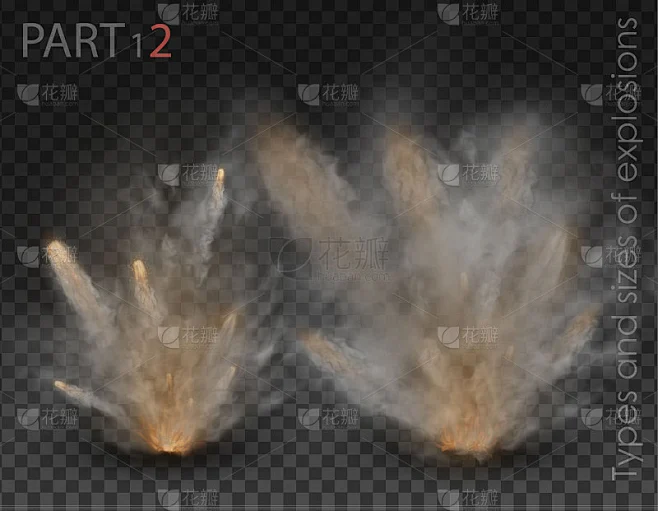 雾设置与不同类型和大小的爆炸隔离在透明的背景素材-花瓣网