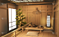 客厅木日式室内设计。三维渲染