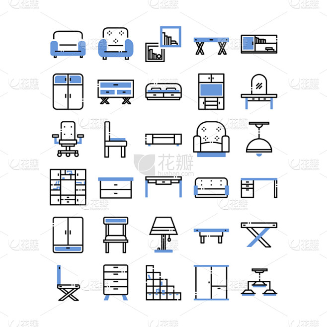 绘画插图,概念,图标集,家具,矢量,室内设计师,住宅内部,办公椅,背景分离,茶几
