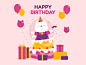 Happy birthday balloon cake postcard happy birthday pet cute cat character funny illustration vector