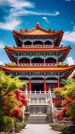 蓝天白云古风建筑3d古风建筑植物树木