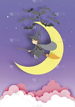 女巫在扫帚纸艺术风格与天空的夜晚