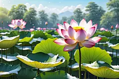 夏日花朵荷花荷叶插画图片