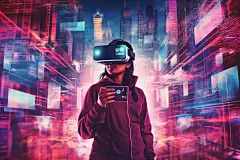 头戴设备赛博朋克几何VR眼镜人物插画图片