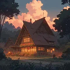 (2/4)一个漂亮的小屋，后面有一些灯光，以动漫艺术风格呈现，氛围云朵，尘土堆积，生动的自然场景，金色的光芒，鲁本·纳基安，热闹的酒馆场景(AI绘图来自WeDraw.art)