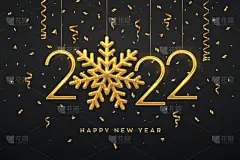新的2022年快乐。在黑色的背景上挂着金黄色的金属号码2022,上面闪烁着雪花和彩霞.新年贺卡或横幅