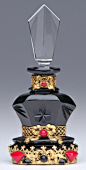 CZECH Perfume bottle in black and clear crystal with enameled and jeweled metalwork, with dauber stub, 1920s.