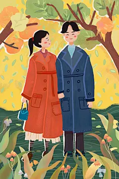 情人节情侣约会户外踏青浪漫爱情卡通插画