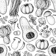 素食无缝模式。手绘矢量插图。菜单设计模板。素食素描。产品设计。非常适合包装，食谱书，菜单。素食小品。插画图片素材