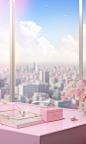 a pink box with flowers in it,with white curtains,in the style of grandiose cityscape views, anime inspired, glass as material, soft and dreamy atmosphere, spectacular backdrops, playful details, spatial concept