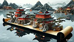 16x9_漂浮卷轴上的山水建筑_扭曲的卷轴_千里江山图_全景_红黑_增加金 (4)