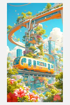 数字艺术创意插画插画灵感春天的列车插画-众图网