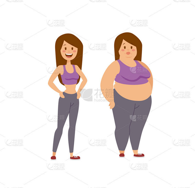 卡通人物的胖女人和瘦女孩，人们节食健身.