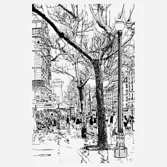 冬季城市街道插画_新图网 https://ixintu.com 树木 行人 冬季 路灯 街道 建筑 楼房 城市 风光 风景 手绘 素描 线稿 手绘街