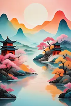 古风古韵国潮山水插画背景图