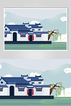 柳树古建筑插画-众图网