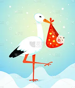 鹳,卡通,婴儿,高雅,蓝色背景,可爱的,请柬,贺卡,动物,鸟类