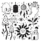蘑菇太阳瓶子蜡烛波西米亚风格装饰手绘黑白插画元素矢量图素材